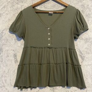 No Boundaries Top Juniors Sz 11/13 Green Babydoll Y2K Tiered‎ Ruffle Boho Preppy